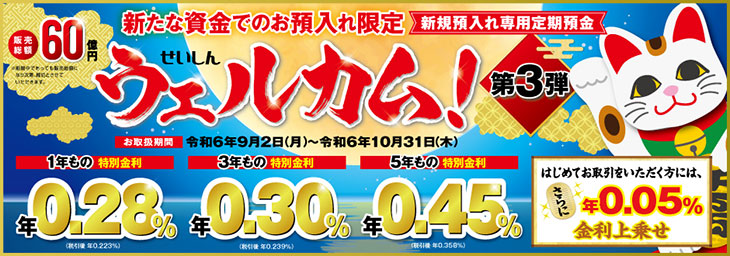 新規預入れ専用定期預金 せいしん「ウェルカム！第3弾」
