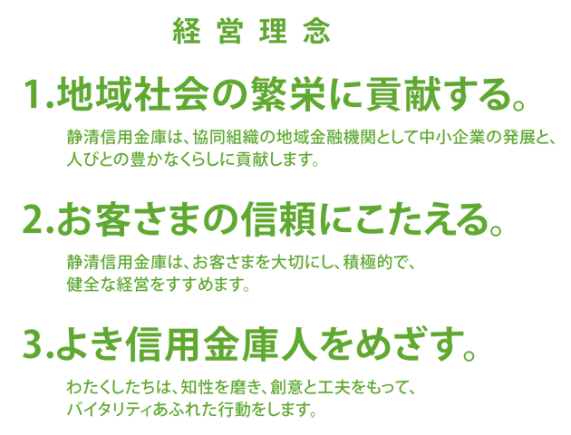 画像：経営理念　1、地域社会の繁栄に貢献する。　2、お客さまの信頼にこたえる。　3、よき信用金庫人をめざす。